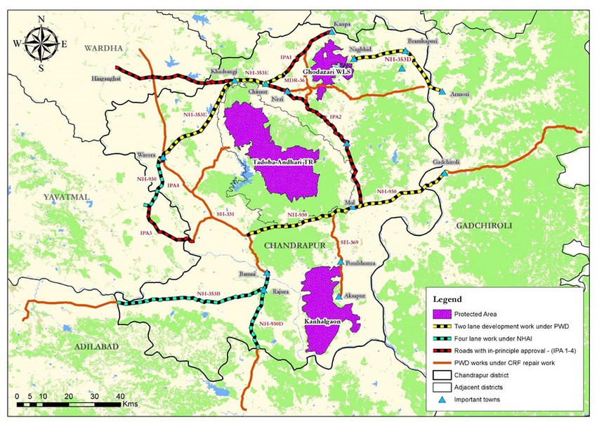 Corridor Connectivity: A map depicting existing and proposed roads fragmenting wildlife corridors in Central India