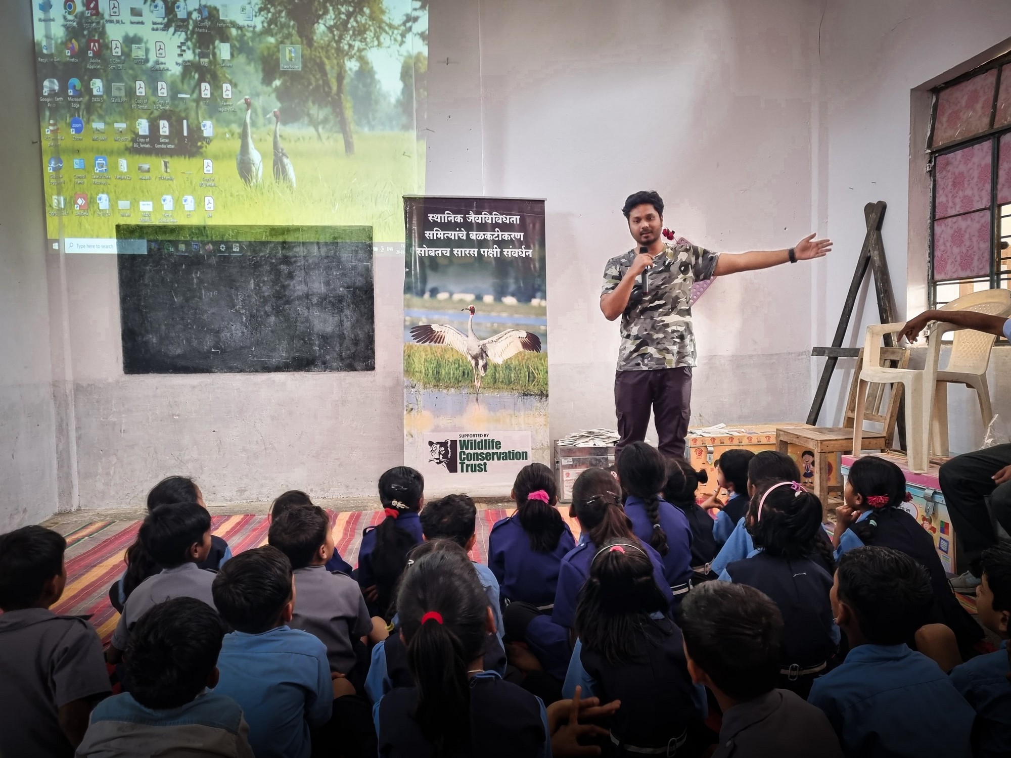 From Soil to the Skies - An outreach and sensitisation programme is underway at a school in Gondia, where Shashank Ladekar teaches children that protecting Sarus Cranes is crucial for maintaining healthy wetland ecosystems.