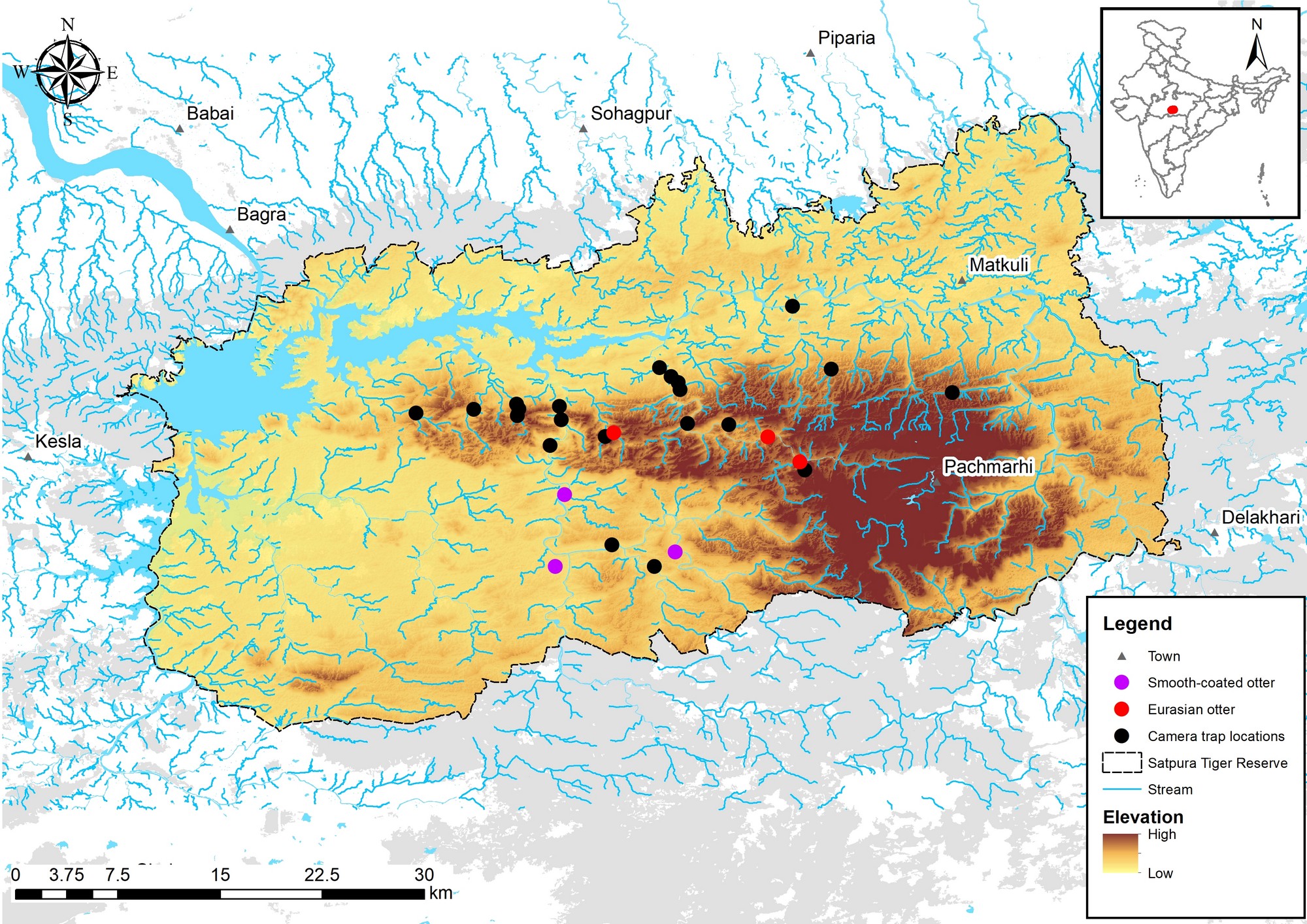 The Satpura Otter Saga - Distribution map of Eurasian and smooth-coated otters in the Satpura Tiger Reserve. Photo: WCT