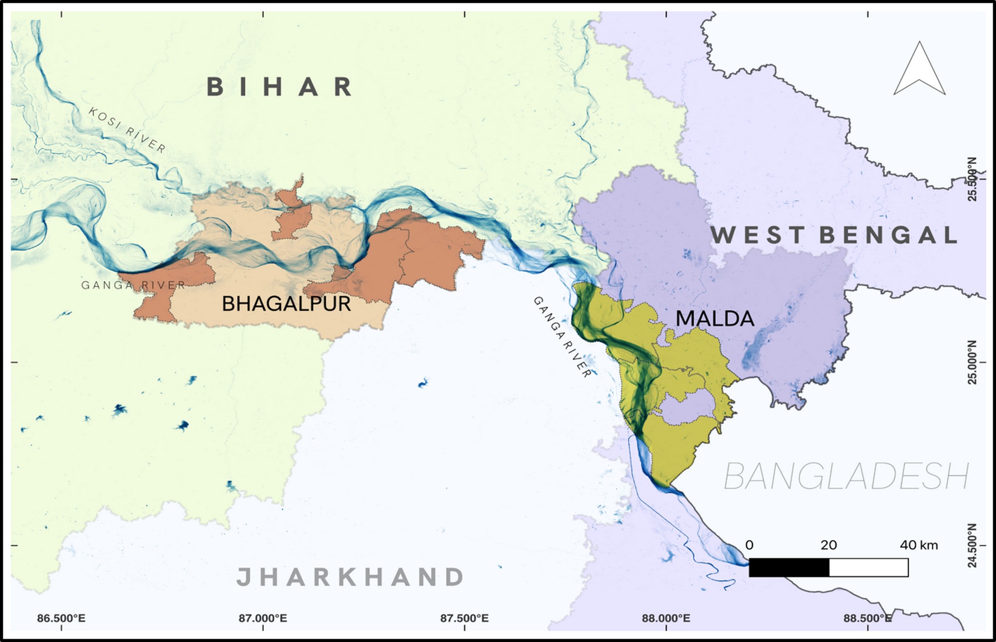 Riverine Fisheries to Pond-based Aquaculture: Lack of Governance Hindering a Much-needed Transition - Map indicating the two study locations of Bhagalpur and Malda - WCT