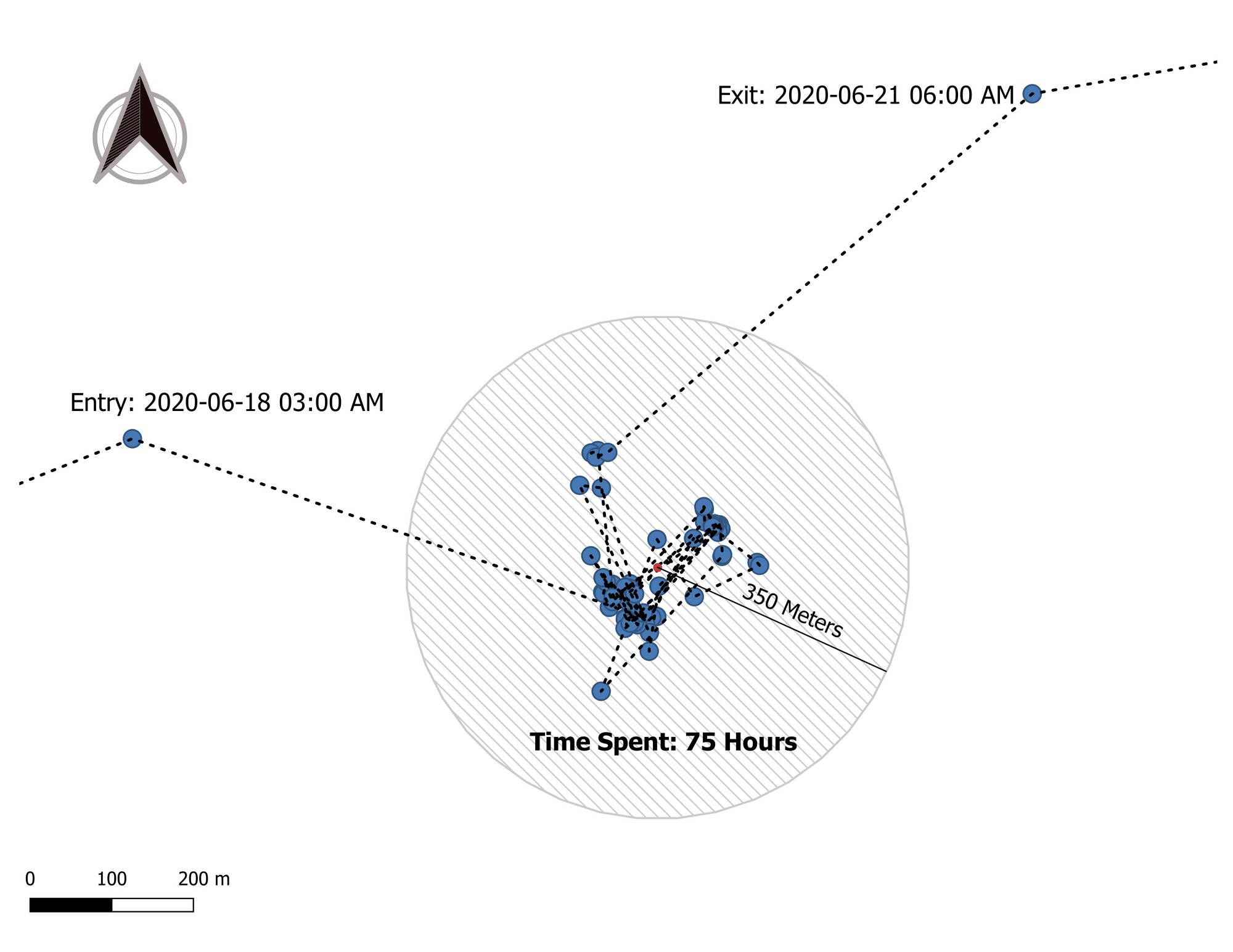 ‘GPS location cluster analysis’ is a technique used to identify the timing and location of behavioural events. High-resolution GPS location data has improved the ability of the researchers to accurately pinpoint kill sites and provide insights into other animal behaviour such as resting, habitat selection, and natal denning. The interpretation of a translocated tigress’s GPS locations in this graphic indicates patterns, movement trajectory, and the time spent in an area to be characteristic of a kill site. This exercise further helped the WCT scientists predict the tigress’s kill rate, kill sites, and maternal events. Photo: WCT