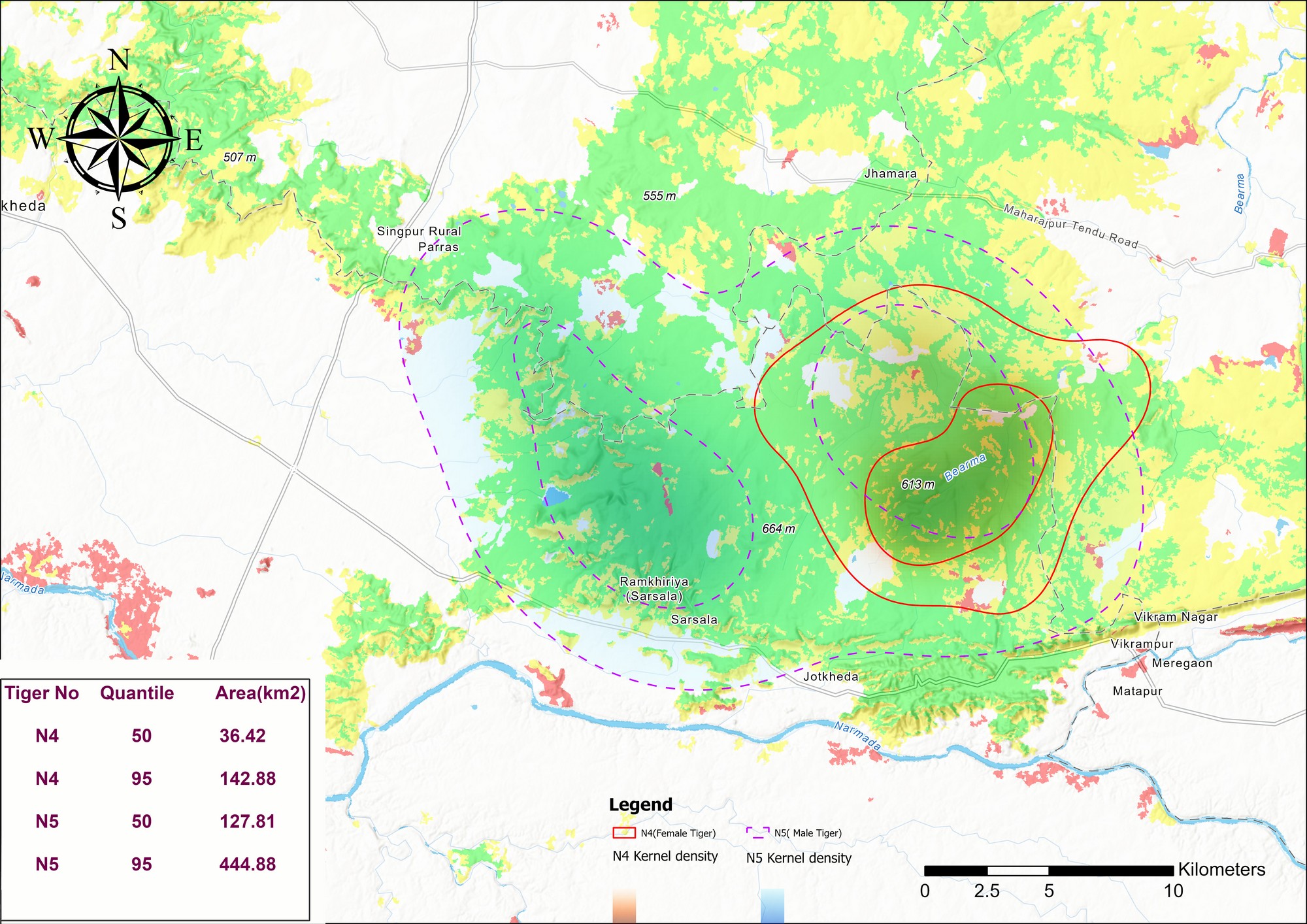 This map shows the home ranges of two male tigers rescued from different conflict situations, and translocated to a Protected Area in Madhya Pradesh. This visualisation was created using the GPS locations of the two tigers. The dotted line indicates the territory of one male tiger, while the solid line represents that of another male. The inner contours of each of their territories indicate where each tiger spent the most time and core areas for hunting and resting. The space between the inner and outer contours represents regions that each tiger visited less frequently. It is interesting to note the extent of overlap between the two distinct home ranges of these male tigers, indicating shared territory.