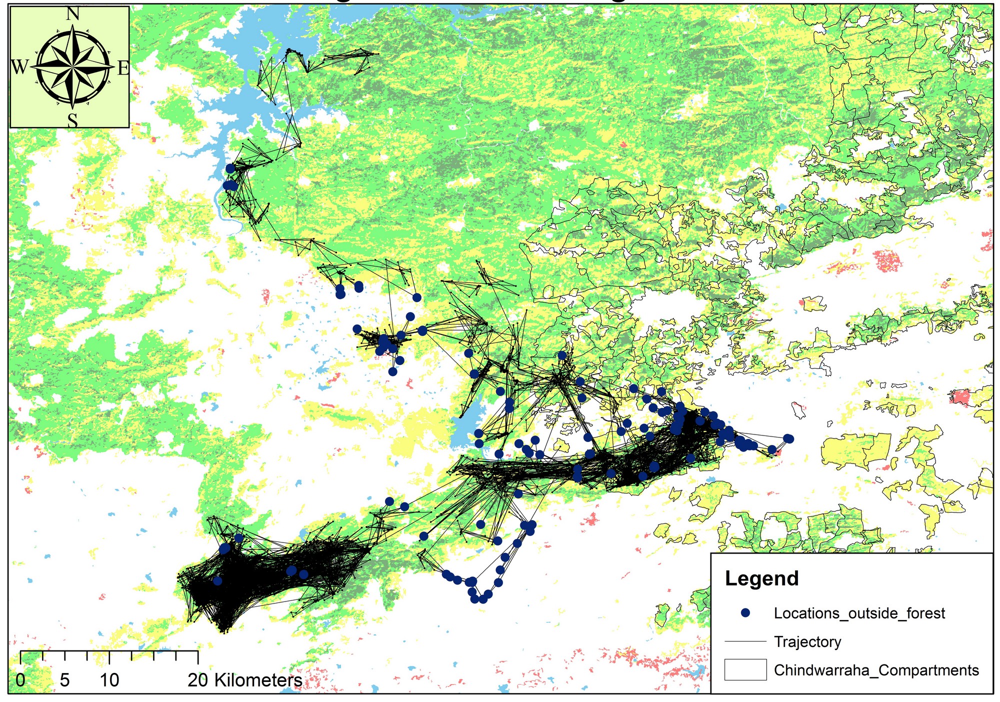 This map depicts the trajectory of a translocated tigress at the forest-agriculture interface. The points represent the locations of the tigress’s movement outside the forest. It is visually evident that, most of the time, upon reaching agricultural land or venturing close to human settlement, she turned back sharply or moved faster in a linear fashion towards the forest. The tigress moved faster and straighter when she was outside the forest. A faster, straighter movement might indicate that the tigress perceives the habitat to pose greater risks. The movement strategies adopted by the tigress in human-dominated landscapes has ensured that no negative human-tiger interaction occurred in the two years since her release.