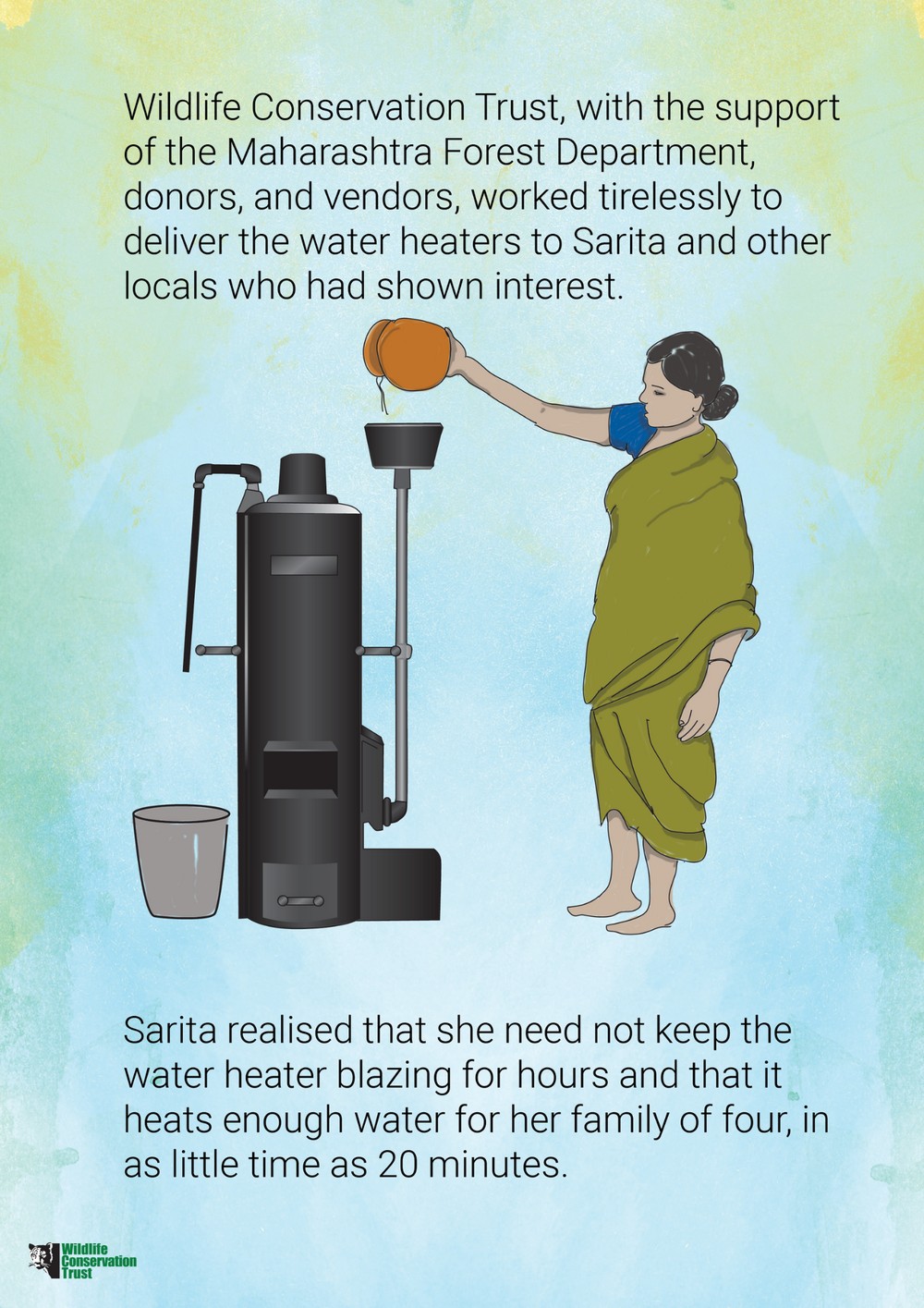 The Bumbb Story - One of WCT’s flagship community interventions in Chandrapur District, Maharashtra, has been the Water Heater Project that is focused on not just reducing firewood consumption, but also forest degradation, the drudgery of women and their exposure to harmful smoke, and above all, human-carnivore conflict. The development of an energy-efficient, biomass-fuelled water heater, locally called the ‘bumbb’, has become a prized possession for thousands of rural households in Chandrapur.