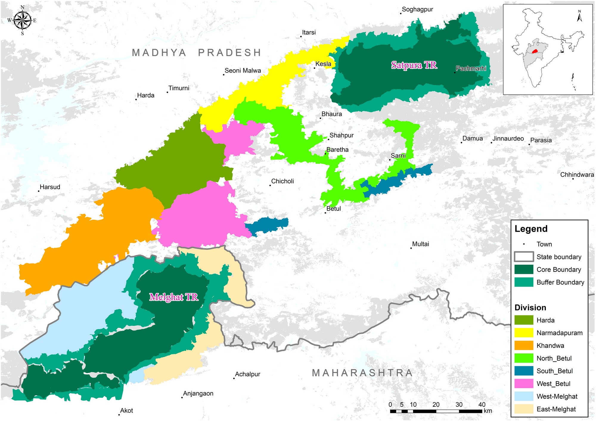 Annals Of The Satpura Uplands - Map showing the division-wise break-up of the Satpura-Melghat Corridor. Photo: WCT.