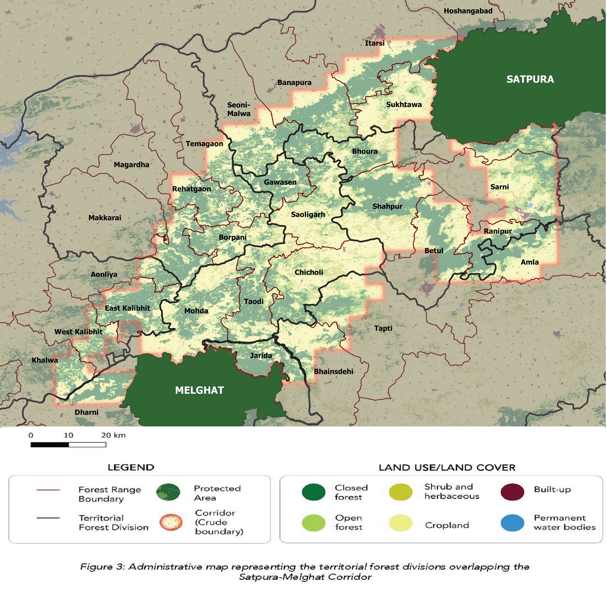 Annals Of The Satpura Uplands - Rangewise administrative map of the Satpura-Melghat corridor prepared by the Coalition for Wildlife Corridors, a collaborative network of people and organisations, working to advance connectivity conservation in India. WCT is a part of this network. Photo: Satpura-Melghat Corridor Profile. Coalition For Wildlife Corridors. 2023.