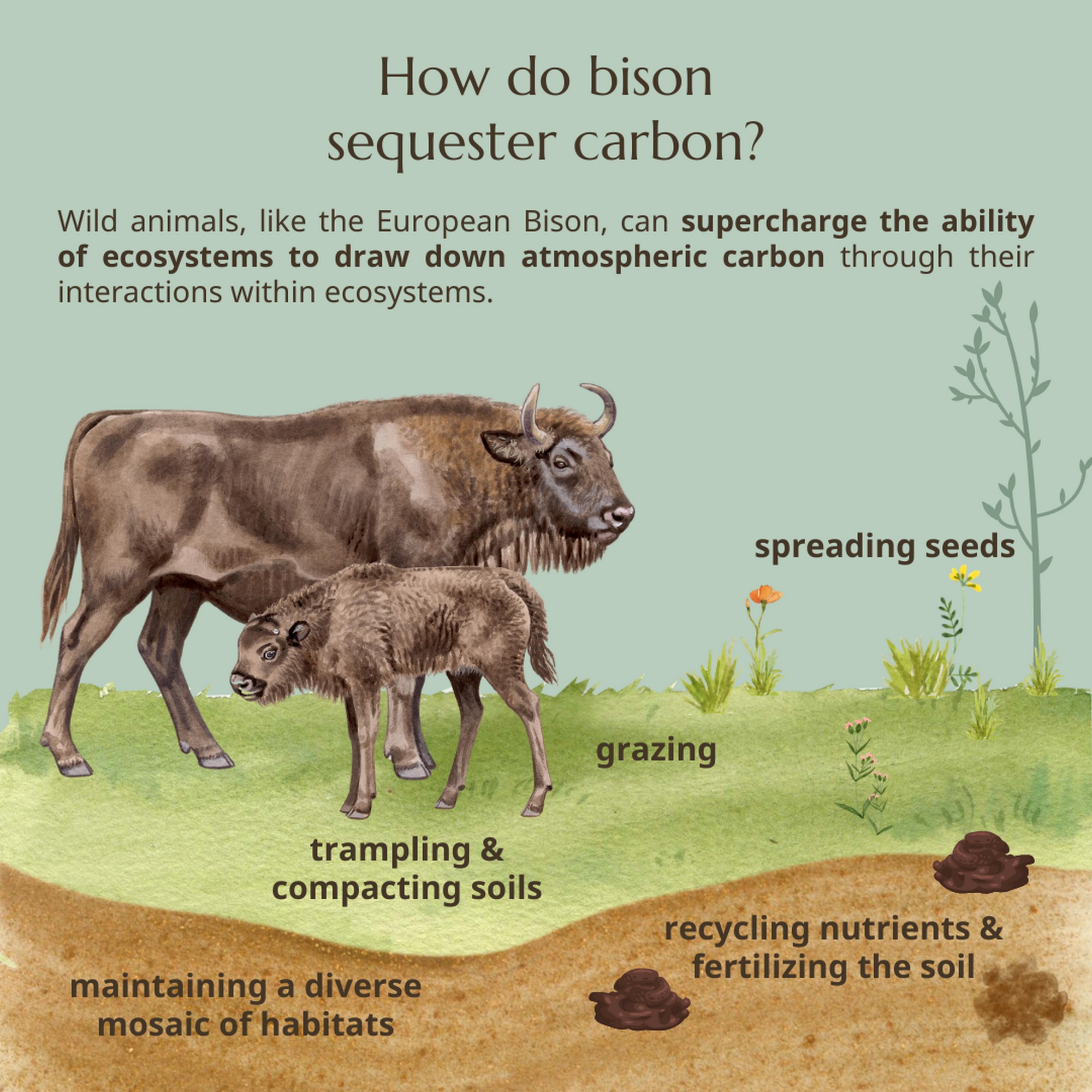 Rewilded Bison are Climate Heroes: In new research, it has been found that a group of 170 European Bison, through their grazing in an area of 48 sq. km. of grasslands in a wider landscape of 300 sq. km. help to capture approximately an additional 2 million tons of carbon per year, nearly 10 times more than without the Bison. This corresponds to the CO2 released by up to 84,000 average US petrol cars, annually.
