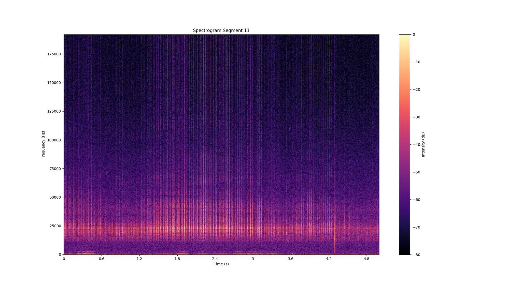 Using ‘Moths’ to Hear Dolphins - As part of WCT’s Riverine Ecosystems and Livelihoods (REAL) programme and WildTech project, we are now monitoring Ganges river dolphins with the use of HydroMoths. The soundwaves produced by the dolphins can be seen as bright orange vertical lines in this spectrogram. Their high-frequency ultrasonic clicks range from 15-20 kHz all the way to 200 kHz, with the maximum energy at 65-70 kHz. ©WCT