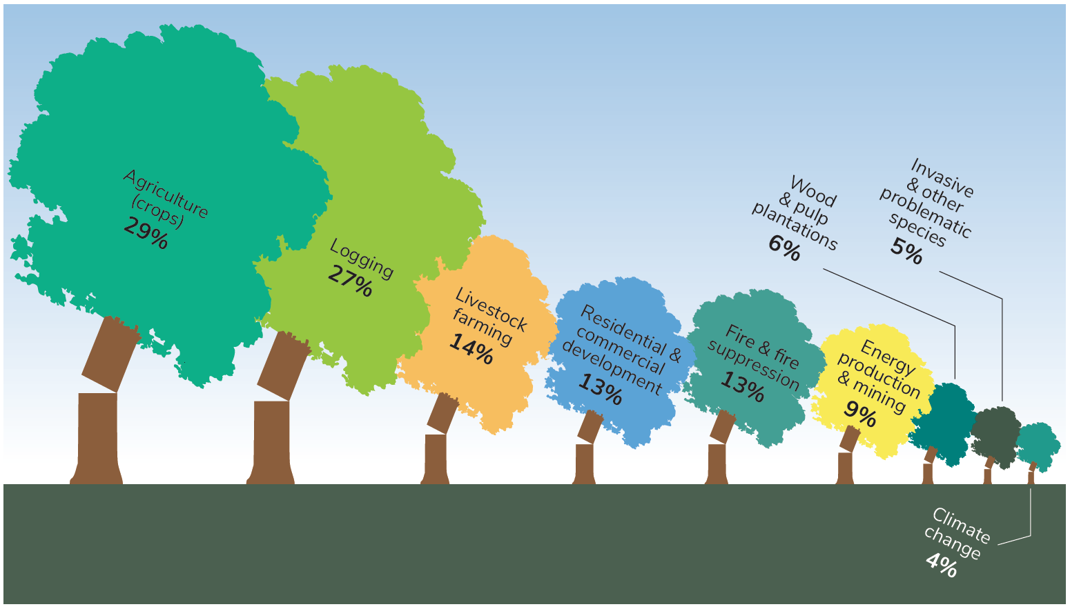 The main threats and percentage of trees affected as recorded on the IUCN Red list (2020.3). Infographic: State of the World’s Trees/ September 2021/ Botanic Gardens Conservation International.